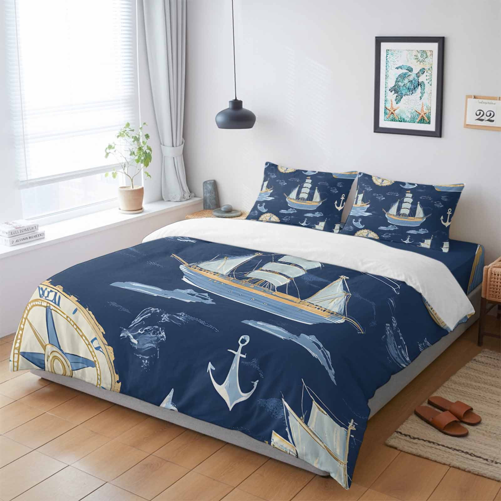 4 Pieces Duvet Cover Queen Bedding Sets Modern Marine Sailing Boat ...