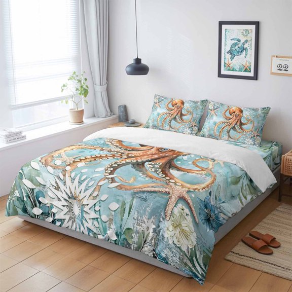 4 Pieces Duvet Cover Queen Bedding Sets Ocean Octopus Monster Starfish for Bedroom Decor,Ultra Soft Luxury Comforter Cover Set with Bed Sheet and Decorative Pillow Shams