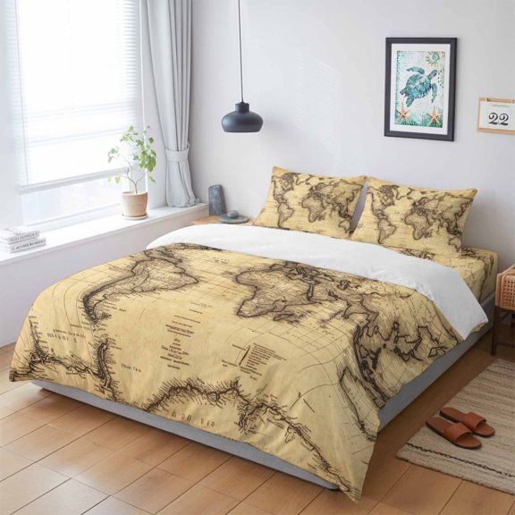 4 Pieces Duvet Cover Queen Bedding Sets Retro Yellow World Map North America Asia for Bedroom Decor,Ultra Soft Luxury Comforter Cover Set with Bed Sheet and Decorative Pillow Shams