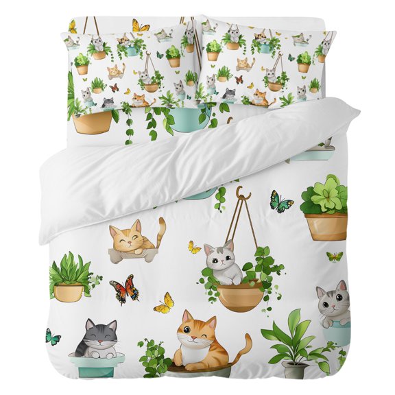 4 Pieces Duvet Cover Set California king Size, Cartoon Cat Funny Animal Comforter Cover Bedding Sets, Butterfly Green Leaf Pot Plant Bed Set Include 1 Duvet Cover,1 Bed Sheet,2 Pillow Shams