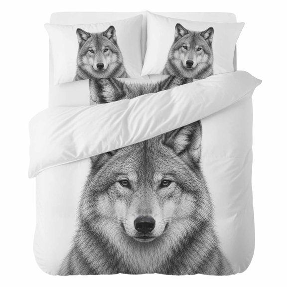 4 Pieces Duvet Cover Set California king Size, Gray Timber Wolf Sketch Comforter Cover Bedding Sets, Minimalist Wildlife Pattern Bed Set Include 1 Duvet Cover,1 Bed Sheet,2 Pillow Shams