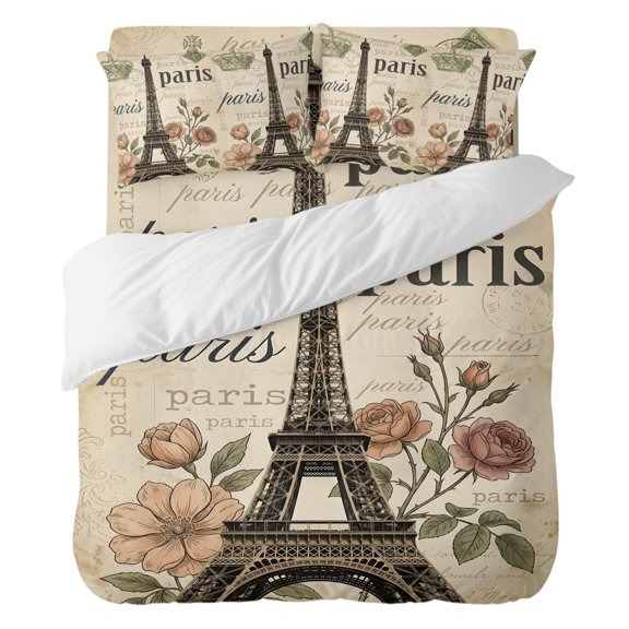 4 Pieces Duvet Cover Set California king Size, Paris Architecture Tower Crown Comforter Cover Bedding Sets, Blossom Flower Stamp Texture Bed Set Include 1 Duvet Cover,1 Bed Sheet,2 Pillow Shams