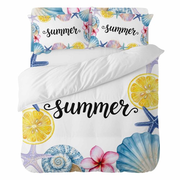 4 Pieces Duvet Cover Set California king Size, Summer Lemons Sea Stars Carnival Flowers Comforter Cover Bedding Sets, Oceans Shells Bed Set Include 1 Duvet Cover,1 Bed Sheet,2 Pillow Shams