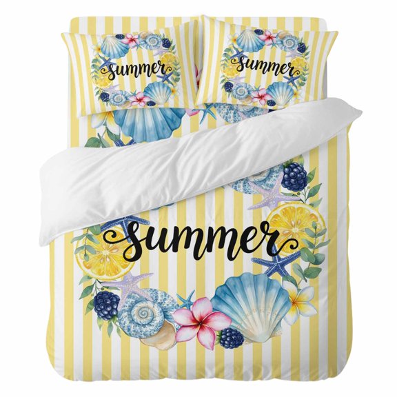 4 Pieces Duvet Cover Set California king Size, Summer Lemons Sea Stars Shells Comforter Cover Bedding Sets, Carnival Flowers Bed Set Include 1 Duvet Cover with Zipper,1 Bed Sheet,2 Pillow Shams