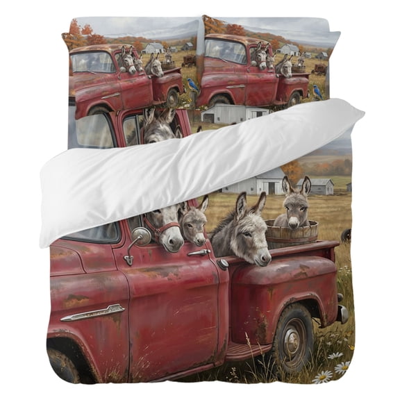 4 Pieces Duvet Cover Set Full Size, Farmhouse Donkey Barn Truck Comforter Cover Bedding Sets, Pastoral Flower Straw Bed Set Include 1 Duvet Cover with Zipper Closure,1 Bed Sheet,2 Pillow Shams