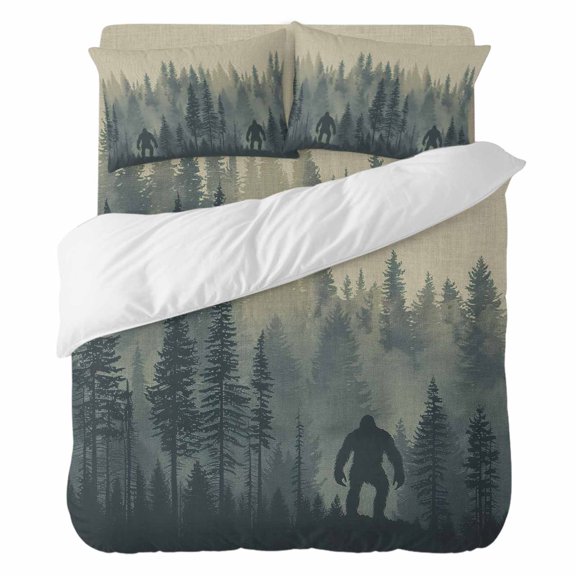 4 Pieces Duvet Cover Set Full Size, Forest Gorilla Wild Animal Trees Silhouette Comforter Cover Bedding Sets, Vintage Linen Bed Set Include 1 Duvet Cover with Zipper,1 Bed Sheet,2 Pillow Shams