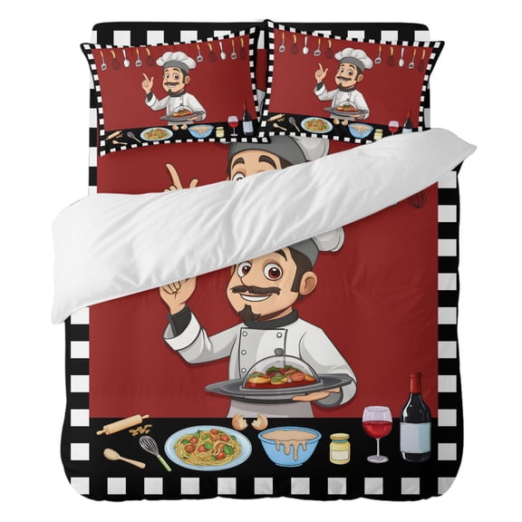 4 Pieces Duvet Cover Set Full Size, Fun Chef Kitchenware Food Burgundy Red Comforter Cover Bedding Sets, Black White Checker Bed Set Include 1 Duvet Cover with Zipper,1 Bed Sheet,2 Pillow Shams