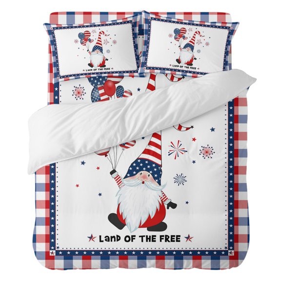 4 Pieces Duvet Cover Set Full Size, Happy Independence Day Comforter Cover Bedding Sets, USA Flag Balloon with Gnome Bed Set Include 1 Duvet Cover with Zipper Closure,1 Bed Sheet,2 Pillow Shams