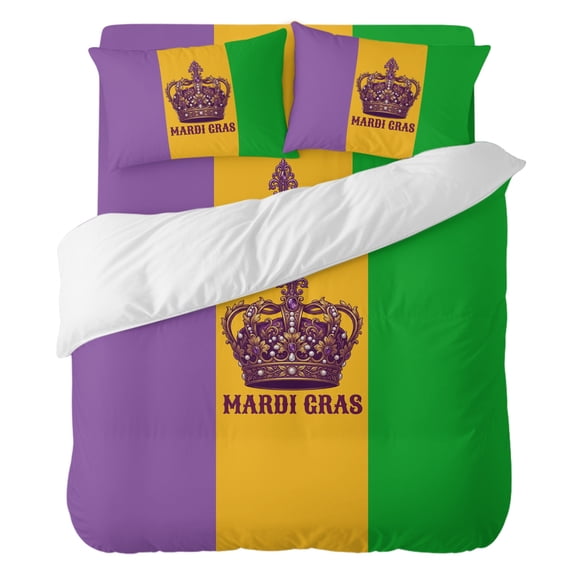 4 Pieces Duvet Cover Set Full Size, Mardi Gras Carnival Flag Comforter Cover Bedding Sets, Purple Yellow Green Color Blocking Bed Set Include 1 Duvet Cover with Zipper,1 Bed Sheet,2 Pillow Shams