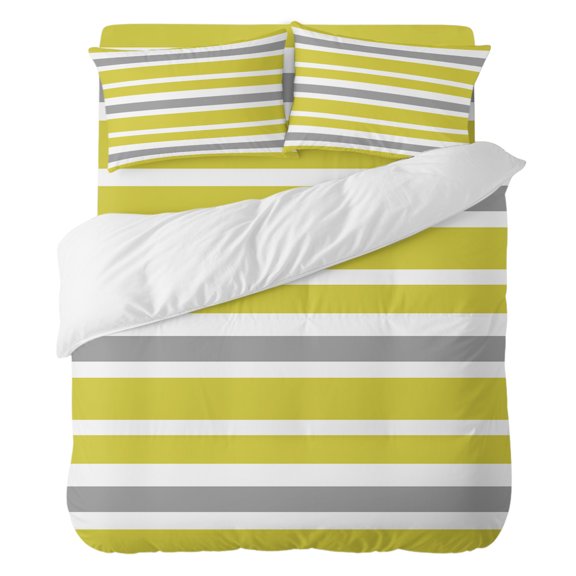 4 Pieces Duvet Cover Set Full Size, Olive Green Grey White Striped Comforter Cover Bedding Sets, Simplistic Line Bed Set Include 1 Duvet Cover with Zipper Closure,1 Bed Sheet,2 Pillow Shams