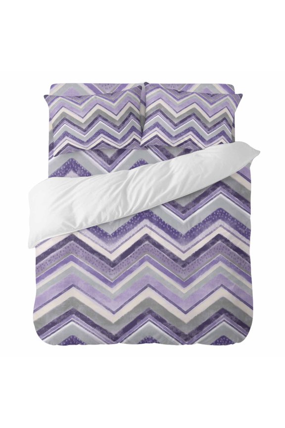 4 Pieces Duvet Cover Set Full Size, Purple Gradient Stripe Nordic Style Comforter Cover Bedding Sets, Zigzag Art Bed Set Include 1 Duvet Cover with Zipper Closure,1 Bed Sheet,2 Pillow Shams