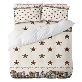 4 Pieces Duvet Cover Set Full Size, Vintage Western Brown Stars Comforter Cover Bedding Sets, Farmhouse Wooden Barrel Bed Set Include 1 Duvet Cover with Zipper Closure,1 Bed Sheet,2 Pillow Shams