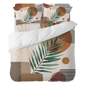4 Pieces Duvet Cover Set Queen Size, Abstract Stripe Leaf Comforter Cover Bedding Sets, Boho Orange Brown Style Bed Set Include 1 Duvet Cover with Zipper Closure,1 Bed Sheet,2 Pillow Shams