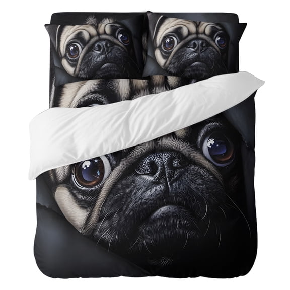 4 Pieces Duvet Cover Set Queen Size, Realistic Pug Dog Pattern Comforter Cover Bedding Sets, Dark Background Bed Set Include 1 Duvet Cover with Zipper Closure,1 Bed Sheet,2 Pillow Shams