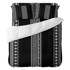 4 Pieces Duvet Cover Set Queen Size, Vintage Geometric Boho Art Lines Comforter Cover Bedding Sets, Black Bed Set Include 1 Duvet Cover with Zipper Closure,1 Bed Sheet,2 Pillow Shams