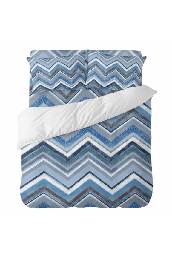 4 Pieces Duvet Cover Set Twin Size, Blue Gradient Stripe Nordic Style Comforter Cover Bedding Sets, White Ripple Geometric Abstract Art Bed Set Include 1 Duvet Cover,1 Bed Sheet,2 Pillow Shams