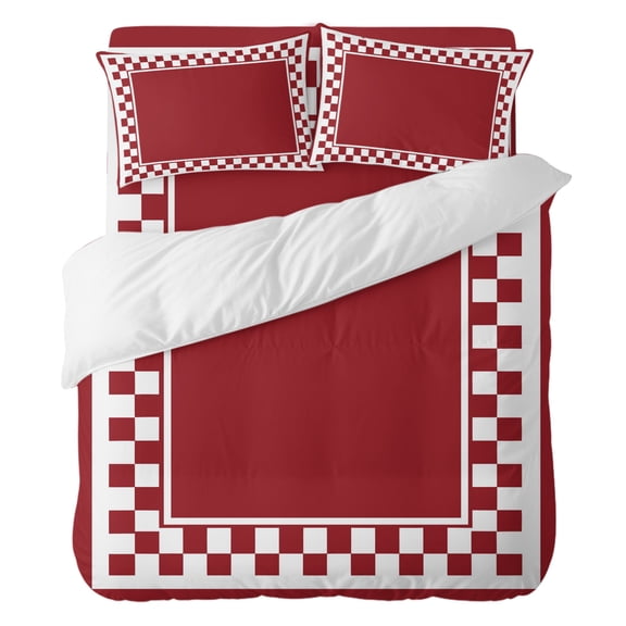 4 Pieces Duvet Cover Set Twin Size, Burgundy Checker Frame Comforter Cover Bedding Sets, Vintage Geometric Pattern Bed Set Include 1 Duvet Cover with Zipper Closure,1 Bed Sheet,2 Pillow Shams