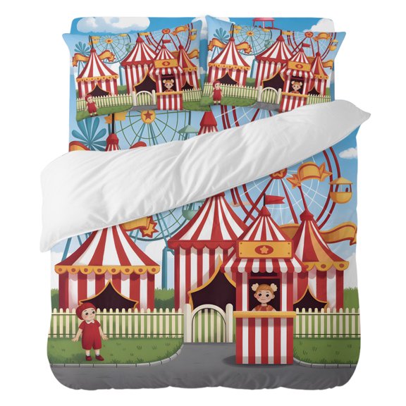 4 Pieces Duvet Cover Set Twin Size, Carnival Amusement Park Comforter Cover Bedding Sets, Cartoon Wheelwheels Cute Kid Bed Set Include 1 Duvet Cover with Zipper Closure,1 Bed Sheet,2 Pillow Shams