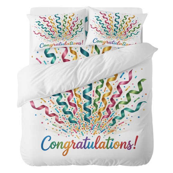 4 Pieces Duvet Cover Set Twin Size, Celebration Colorful Ribbons Comforter Cover Bedding Sets, Joyful Congratulations Text Bed Set Include 1 Duvet Cover with Zipper Closure,1 Bed Sheet,2 Pillow Shams