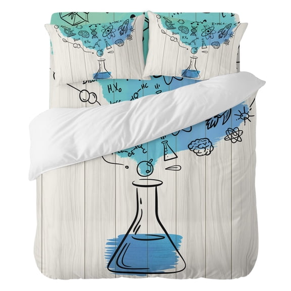 4 Pieces Duvet Cover Set Twin Size, Chemical Formula Beaker on Wood Grain Comforter Cover Bedding Sets, School Season Bed Set Include 1 Duvet Cover with Zipper Closure,1 Bed Sheet,2 Pillow Shams