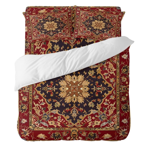 4 Pieces Duvet Cover Set Twin Size, Floral Leaves Frames Vintage Mid Century Afghan Black Wheat Red Comforter Cover Bedding Sets, Bed Set Include 1 Duvet Cover with Zipper,1 Bed Sheet,2 Pillow Shams