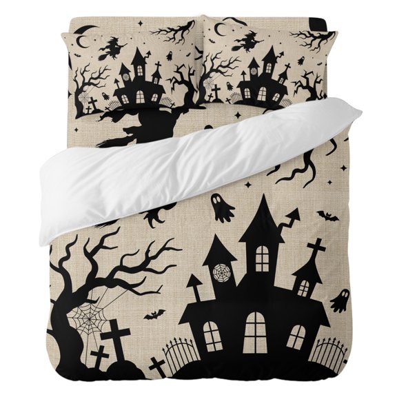 4 Pieces Duvet Cover Set Twin Size, Halloween Flying Witch Haunted House Comforter Cover Bedding Sets, Horror Ghost Bat Dead Tree Bed Set Include 1 Duvet Cover with Zipper,1 Bed Sheet,2 Pillow Shams