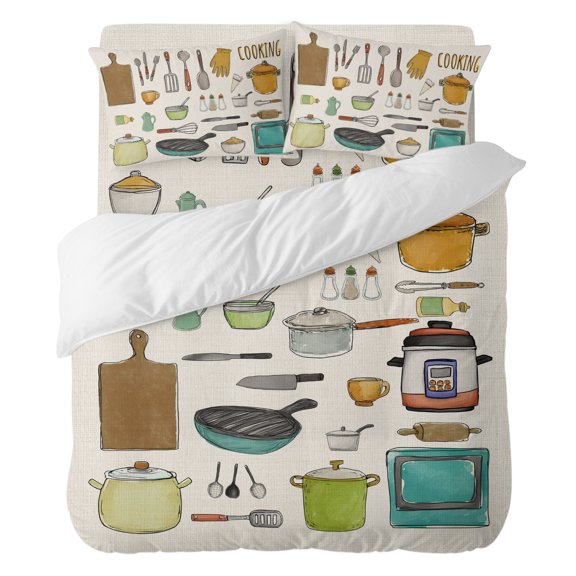 4 Pieces Duvet Cover Set Twin Size, Kitchen Cooking Kitchenware Cartoon Style Comforter Cover Bedding Sets, Retro Linen Bed Set Include 1 Duvet Cover with Zipper Closure,1 Bed Sheet,2 Pillow Shams