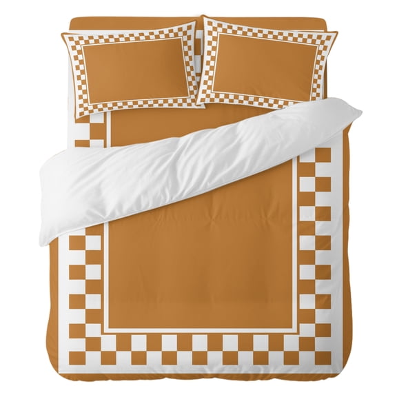 4 Pieces Duvet Cover Set Twin Size, Ochre Brown Checker Frame Comforter Cover Bedding Sets, Vintage Geometric Pattern Bed Set Include 1 Duvet Cover with Zipper Closure,1 Bed Sheet,2 Pillow Shams