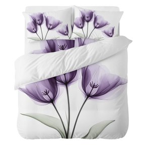 4 Pieces Duvet Cover Set Twin Size, Spring Floral Purple Tulips Leaf Comforter Cover Bedding Sets, Retro Blossom Floral Bed Set Include 1 Duvet Cover with Zipper Closure,1 Bed Sheet,2 Pillow Shams