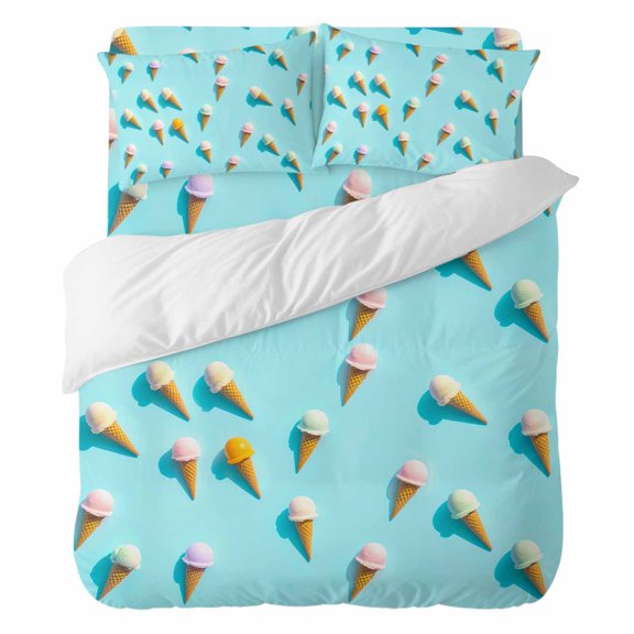 4 Pieces Duvet Cover Set Twin Size, Summer Sweet Dessert on Mint Green Comforter Cover Bedding Sets, Seamless Icy Cream Bed Set Include 1 Duvet Cover with Zipper Closure,1 Bed Sheet,2 Pillow Shams