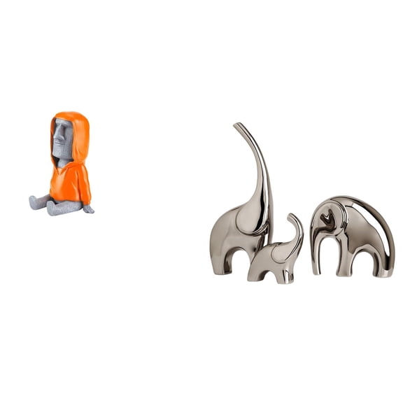 4 Pieces Elephant Figurine Easter Island Head Sculpture Moai Statue Resin Material for Living Room Shelf