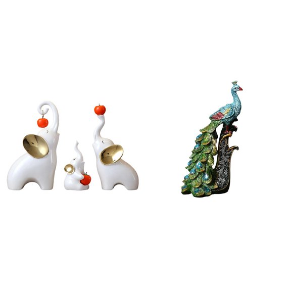 4 Pieces Elephant Figurines Peacock Statue Ceramic Resin Material Creative Decorative for Home Office Shelf