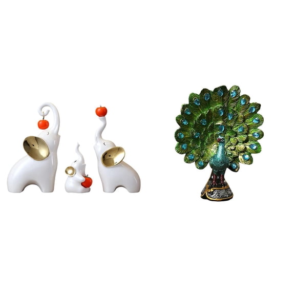 4 Pieces Elephant Sculptures Peacock Statue Ceramic Material Animal Decor Set for Living Room Desk Home Office
