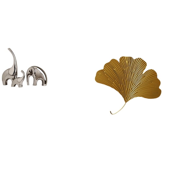 4 Pieces Elephant Statue Ginkgo Leaf Wall Sculpture Ceramic Wrought Iron Home Living Room Decor