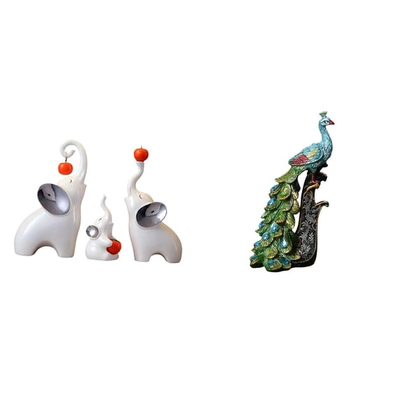 4 Pieces Elephant Statue Peacock Figurine Resin Ceramic Craft Unique Design for Home Decor Desktop Shelf Ornament
