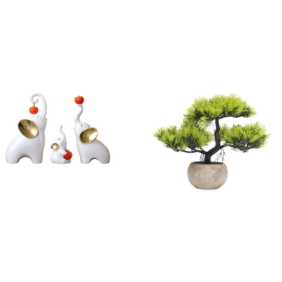 4 Pieces Elephant Statues Family Figurines Artificial Bonsai Tree Ceramic Craft for Living Room Bedroom Decoration