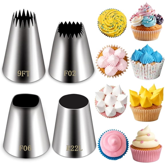4 Pieces Extra Large Piping Tips Set (F02 F06 9FT R22L) | Stainless Steel, Round Star Square Wide Jumbo, Cake Cupcake Cookie Decorating, Eclair Churro Meringue