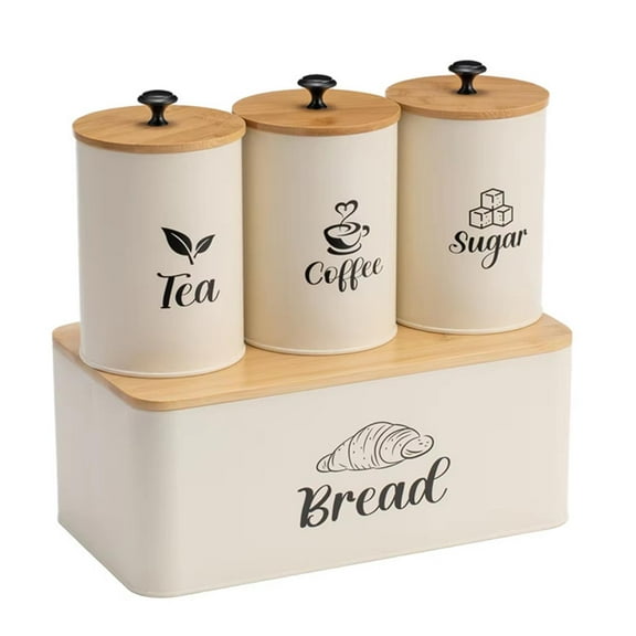4 Pieces Farmhouse Canisters Bread Storage Food Jars Beige Metal with Sealed Lids for Modern Kitchen Display