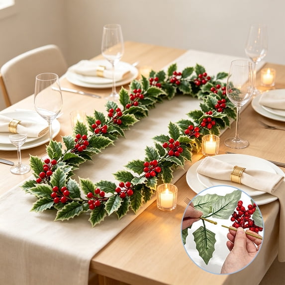 4 Pieces Faux Holly Christmas Garland, Berry Leaf Rattan Decor for ...