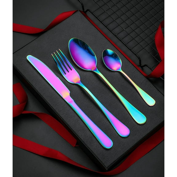4-Pieces Flatware Set, Rainbow Silverware Stainless Steel Reusable Wedding Dinnerware Cutlery Set