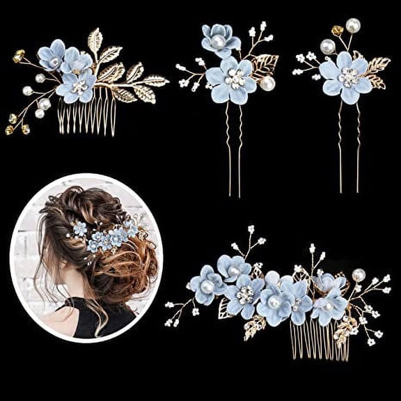 4 Pieces Flower Bridal Wedding Hair Pins Hair Comb Pearl Leaf Bridal Head Piece Accessories Rhinestone Women Girls