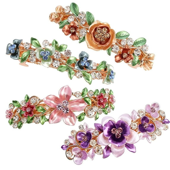 4 Pieces Flower Hair Clips,Happon Vintage Rhinestone Style Barrettes, Jewelry Design Hairpin, Metal Spring Hair Barrette Clips, Hair Accessories for Women Girls