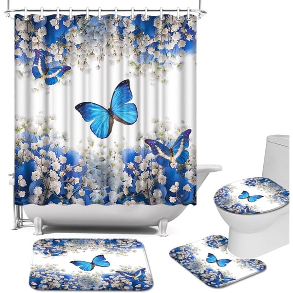 4 Pieces Flower and Butterfly Shower Curtain Sets with Rugs, Romantic Blue Butterfly Shower Curtain