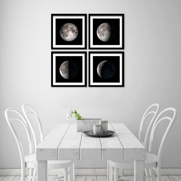 4 Pieces Framed Moon Phases Canvas Wall Art, Black and White Abstract Space Artwork with Acrylic Panel and Matting for Home Office Decor