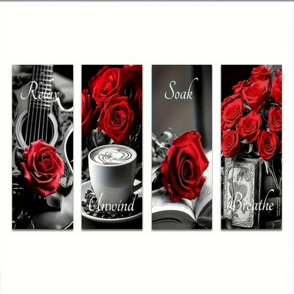 4 Pieces Frameless Rustic Floral Farmhouse Paper Wall Art, Relax, Soak, Relax, Breathe Sign, Suitable for Home and Bathroom Decoration 4* 10inch