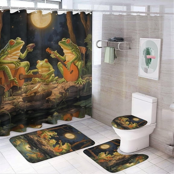 4 Pieces Frogs Playing Guitar Shower Curtain Set Moon Night Animal Country Rustic Bathroom Decor Sets with Rugs Bathroom Accessories Set Bathroom Curtain Shower Set with 12 Hooks, Style-7