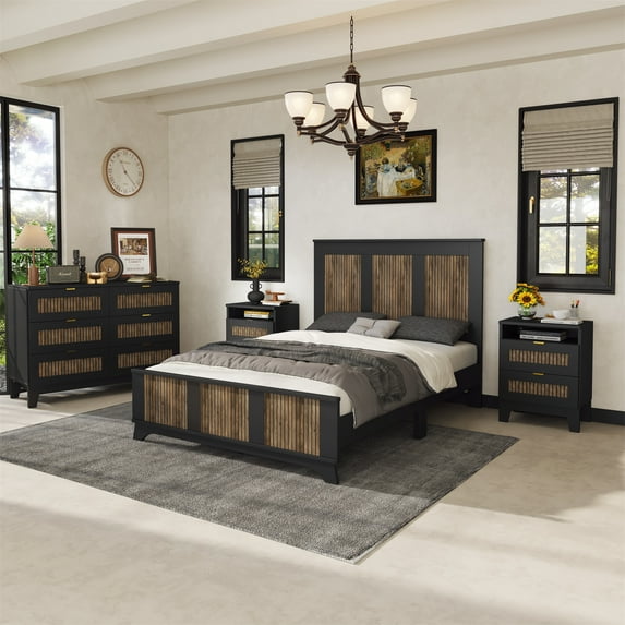 4-Pieces Full Size Bedroom Sets, Farmhouse Solid Wood Platform Bed with Wooden Strip Decoration, 2 Storage Nightstands and 1 Dresser with Metal Handle