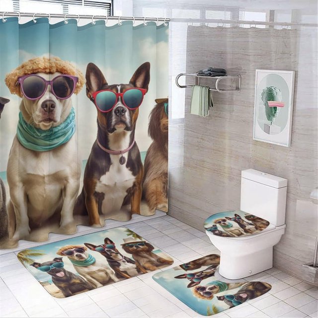 4 Pieces Funny Beach Dog Shower Curtain Set Modern Cute Animal Bathroom