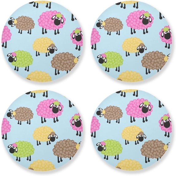 4 Pieces Funny Sheep Coasters Set, Non-Slip Heat-Resistant Absorbent Drink Coaster with Cork Base, Round Cup Mat Pad for Kitchen Bar Cafe Deco, Perfect Housewarming Gifts 3.9" x 0.15" Home Decor