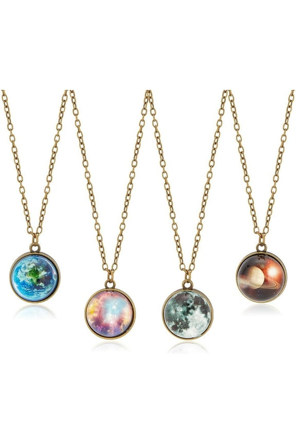 4 Pieces Galaxy Pendant Necklaces Eight Planets Necklaces Fashion Outer Space Necklace Universe Solar System Necklace Double Side Glass Ball Necklaces Birthday Gifts for Women Mixed Color
